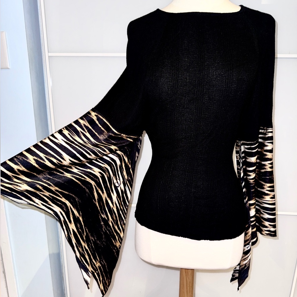 Just Cavalli Black Top with Animal Print Sleeves
